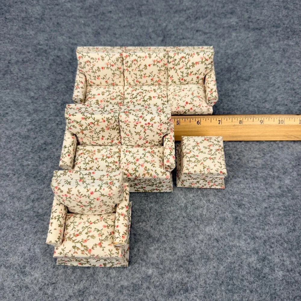 Miniature Dollhouse Floral Living Room Furniture Set Sofa Chairs Ottoman 4 Pc